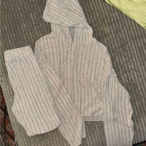 Beige/Taupe Ribbed Hoodie and Pants Matching Casual Set